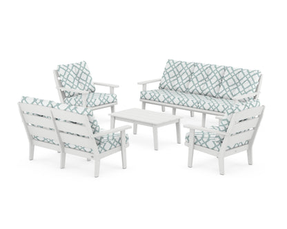 POLYWOOD® Lakeside 5-Piece Lounge Sofa Set in White / Trellis Glacier Spa