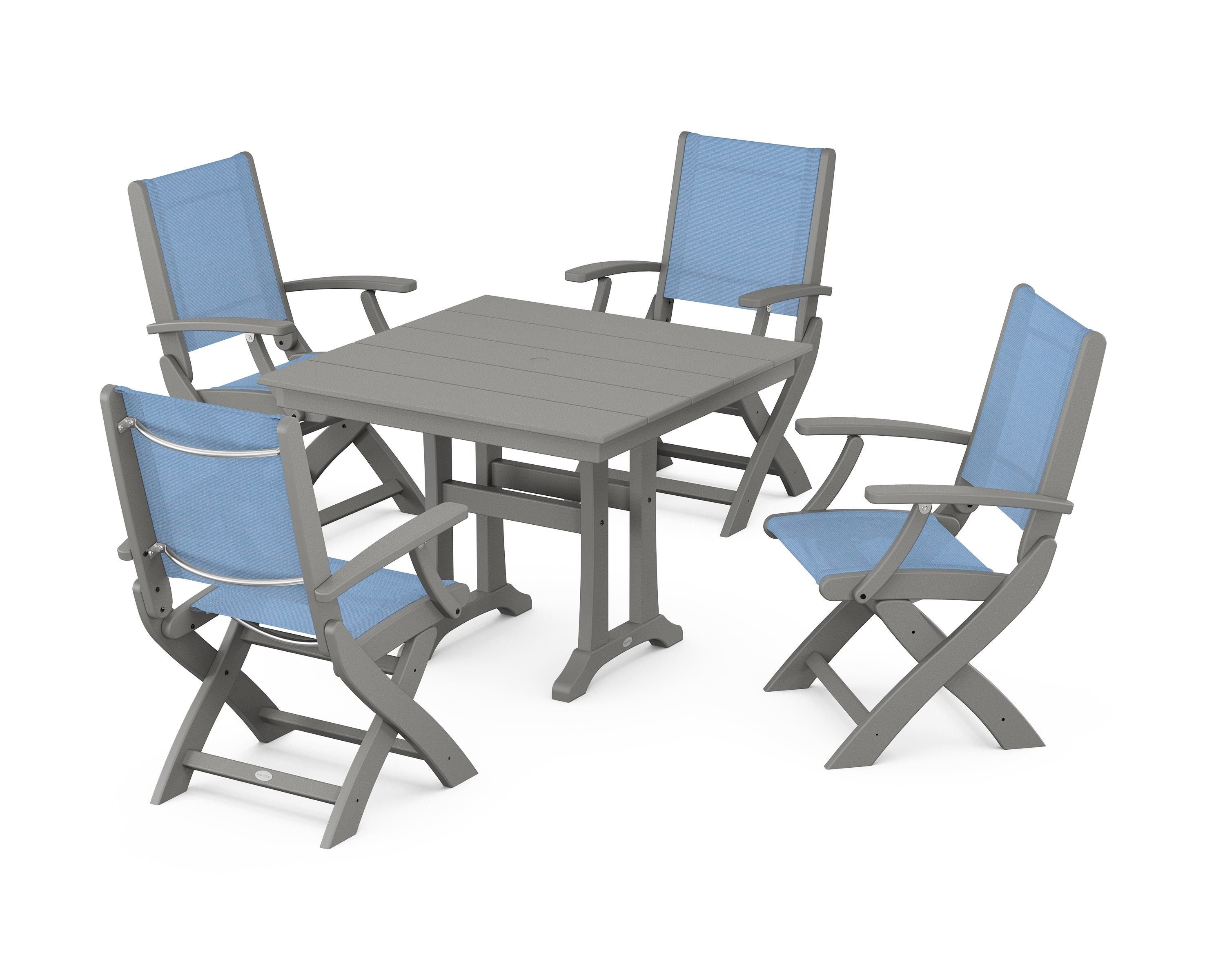 POLYWOOD® Coastal Folding Chair 5-Piece Farmhouse Dining Set With Trestle Legs in Slate Grey / Poolside Sling