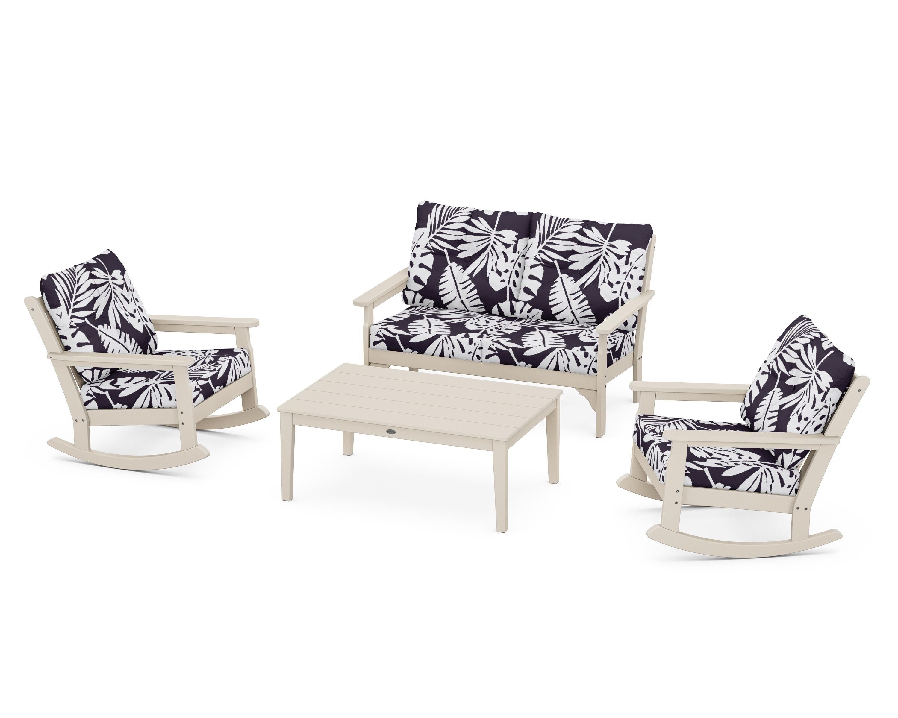 POLYWOOD® Vineyard 4-Piece Deep Seating Rocking Chair Set in Sand / Leaf Navy