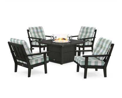 POLYWOOD® Oxford 5-Piece Deep Seating Set with Fire Pit Table in Black / Buffalo Plaid Glacier Spa