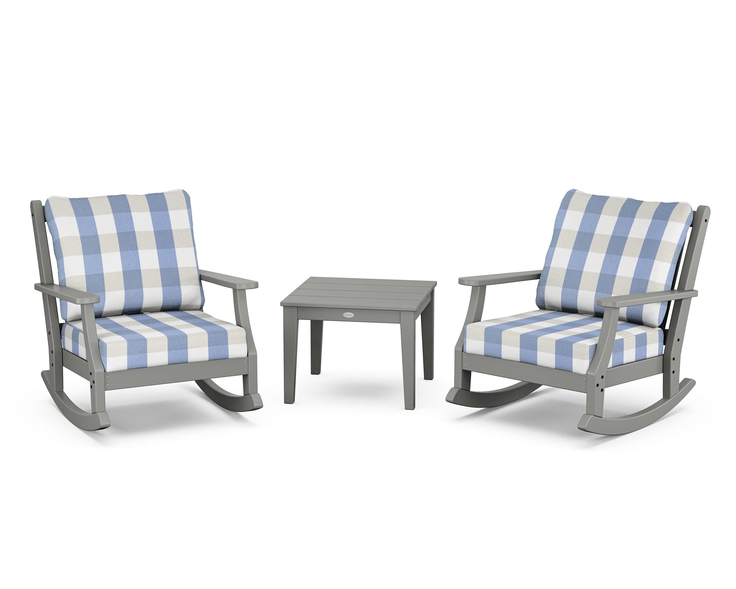 Country Living Wovendale 3-Piece Deep Seating Rocker Set in Slate Grey / Buffalo Plaid Sky Blue