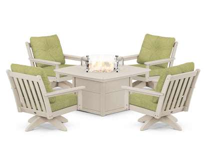 POLYWOOD® Vineyard 5-Piece Deep Seating Swivel Conversation Set with Fire Pit Table in Sand / Chartreuse Boucle