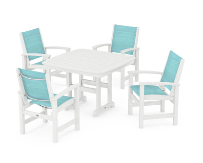 POLYWOOD® Coastal 5-Piece Dining Set in White / Dupioni Aquamarine Sling