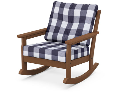 POLYWOOD® Vineyard Deep Seating Rocking Chair in Teak / Buffalo Plaid Navy