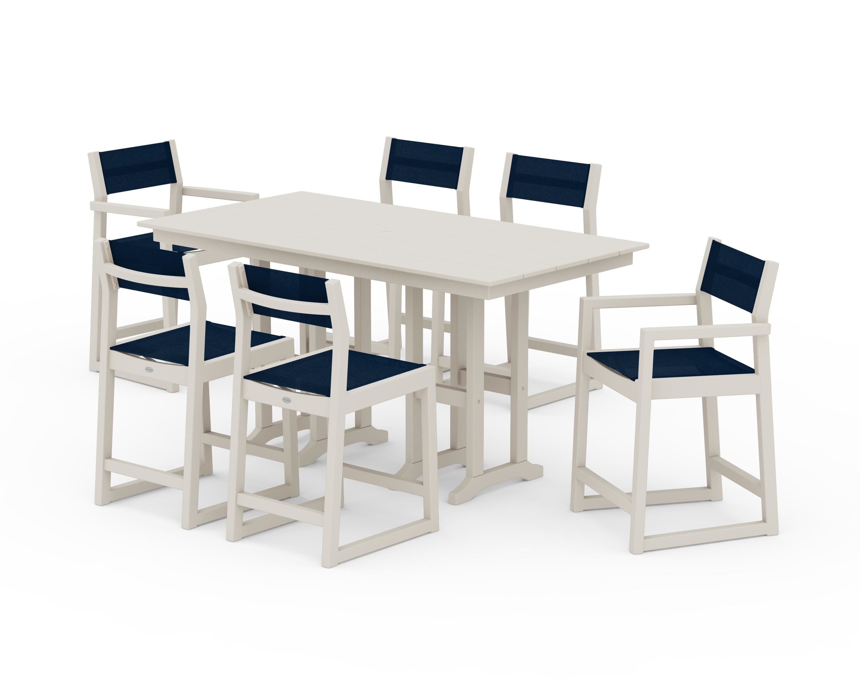 POLYWOOD® EDGE Sling 7-Piece Farmhouse Counter Set with Trestle Legs in Sand / Navy Blue Sling