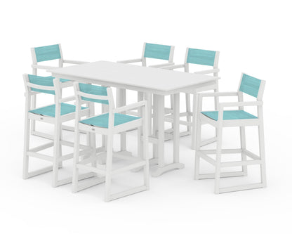 POLYWOOD® EDGE Sling Arm Chair 7-Piece Farmhouse Bar Set in White / Dupioni Aquamarine Sling