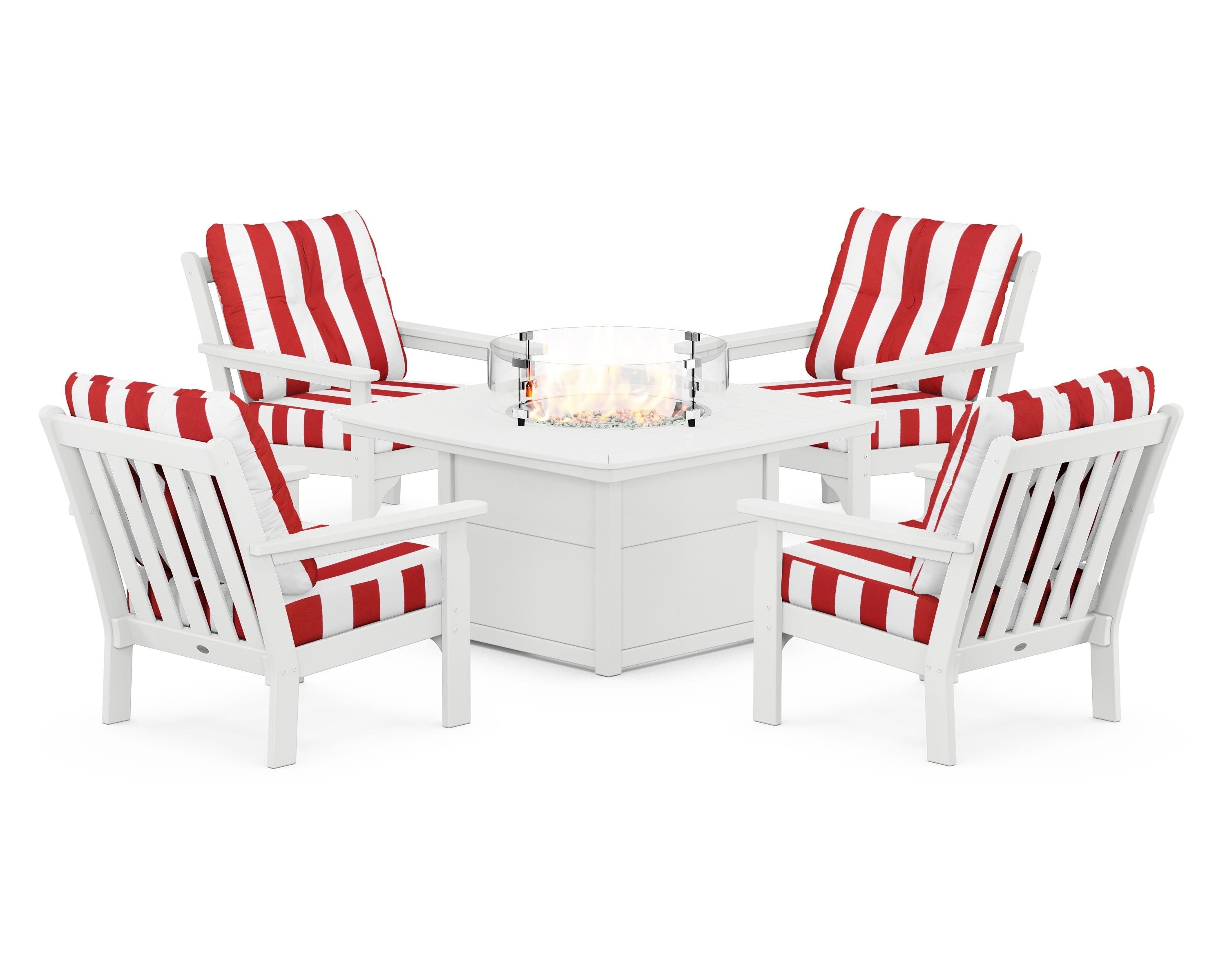 POLYWOOD® Vineyard 5-Piece Conversation Set with Fire Pit Table in White / Cabana Stripe Crimson