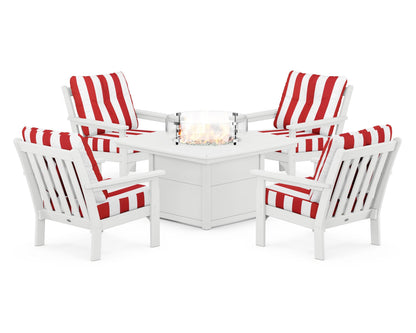 POLYWOOD® Vineyard 5-Piece Conversation Set with Fire Pit Table in White / Cabana Stripe Crimson