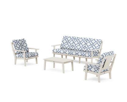 POLYWOOD® Prairie 4-Piece Deep Seating Set with Sofa in Sand / Trellis Sky Blue