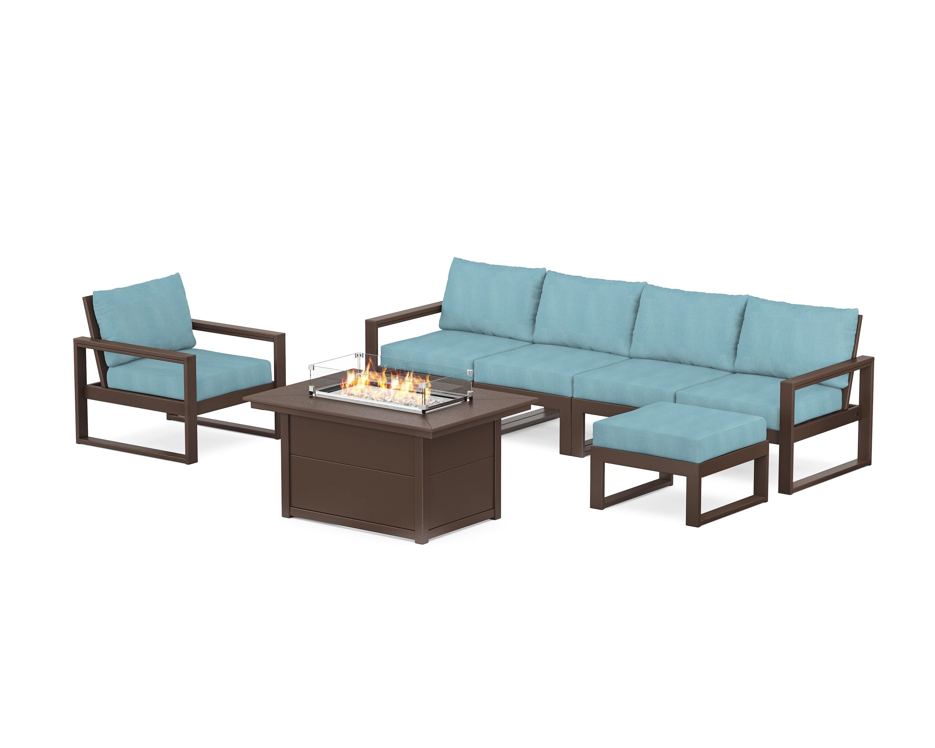 POLYWOOD® EDGE Sectional Lounge and Fire Pit Set in Mahogany / Lattice Sky Blue