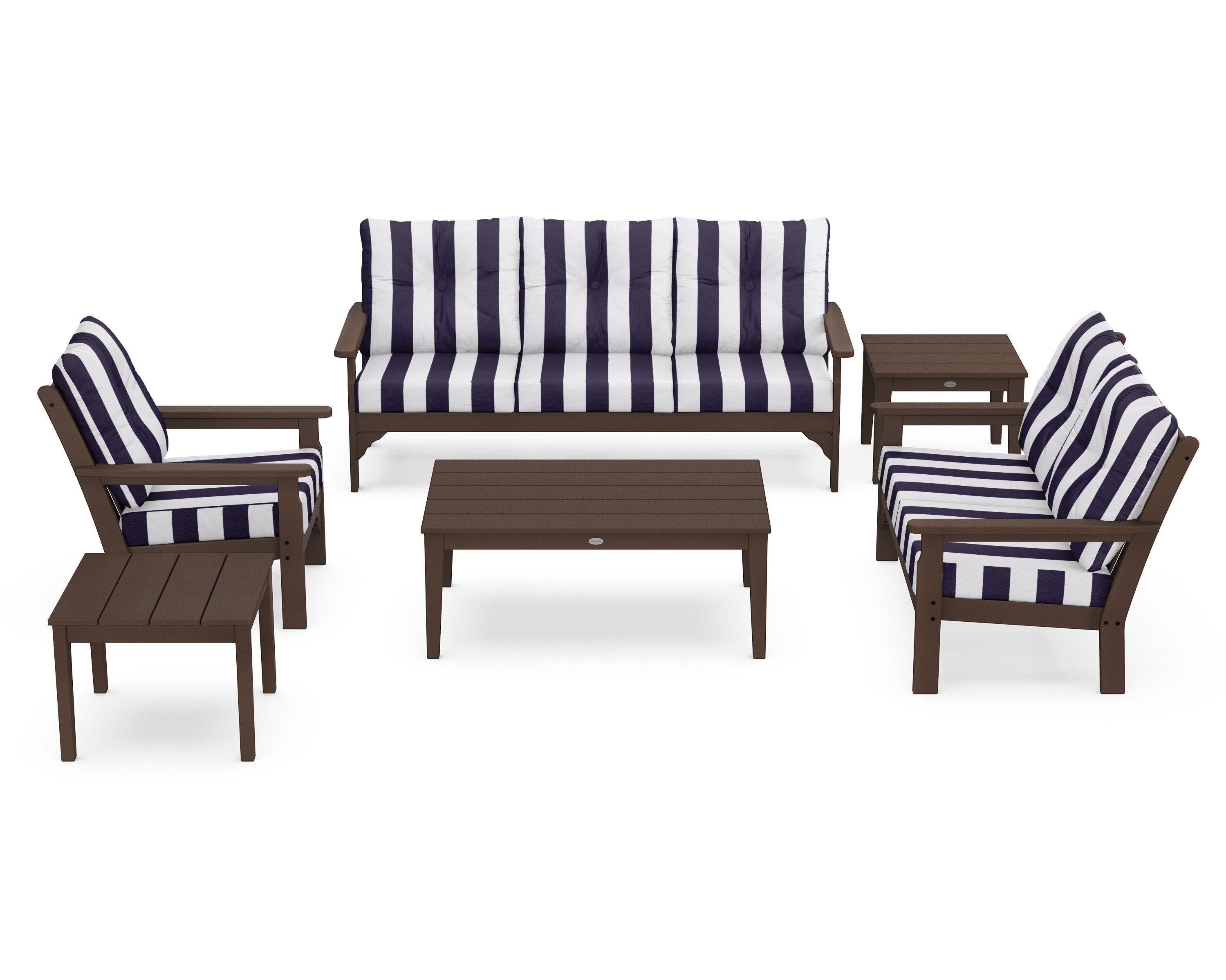 POLYWOOD® Vineyard 6-Piece Deep Seating Set in Mahogany / Cabana Stripe Navy