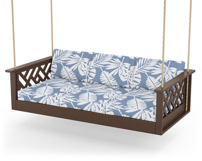 POLYWOOD® Chippendale Daybed Swing in Mahogany / Leaf Sky Blue