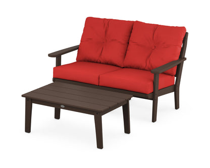 POLYWOOD® Lakeside 2-Piece Lounge Loveseat Set in Mahogany / Crimson Linen