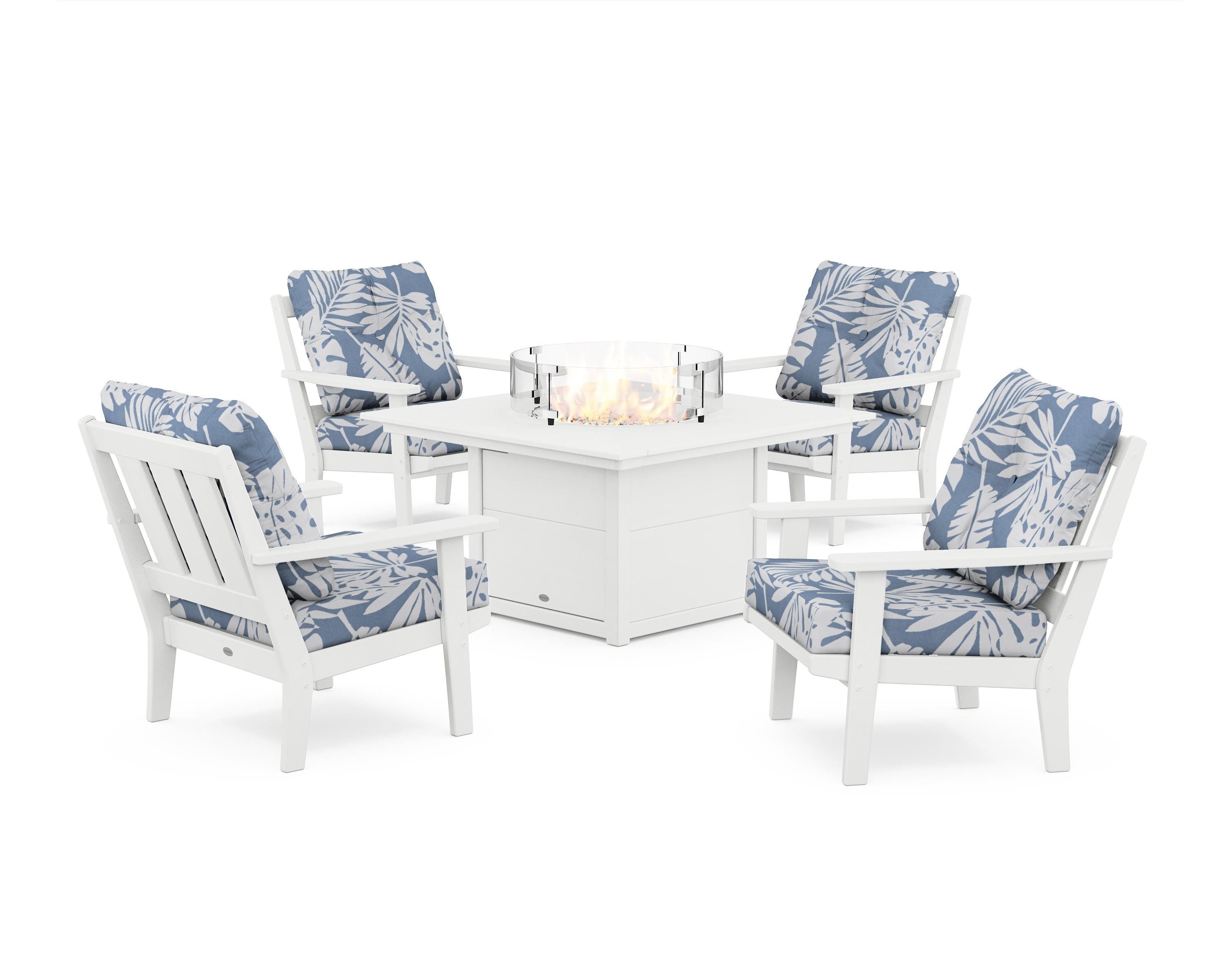 POLYWOOD® Oxford 5-Piece Deep Seating Set with Fire Pit Table in White / Leaf Sky Blue