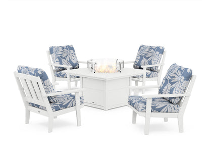 POLYWOOD® Oxford 5-Piece Deep Seating Set with Fire Pit Table in White / Leaf Sky Blue