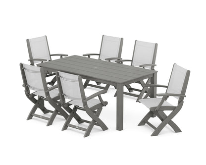 POLYWOOD® Coastal Folding Chair 7-Piece Parsons Dining Set in Slate Grey / White Sling