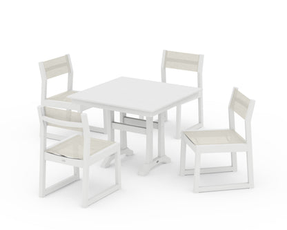 POLYWOOD® EDGE Sling 5-Piece Farmhouse Trestle Side Chair Dining Set in White / Parchment Sling