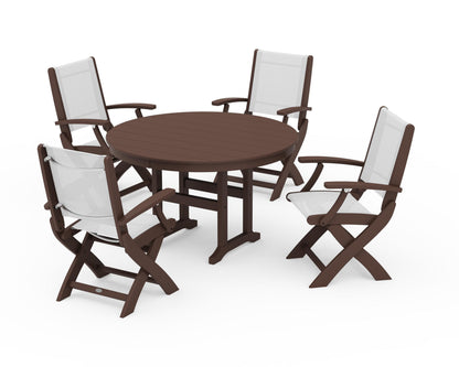 POLYWOOD® Coastal Folding Chair 5-Piece Round Dining Set in Mahogany / White Sling