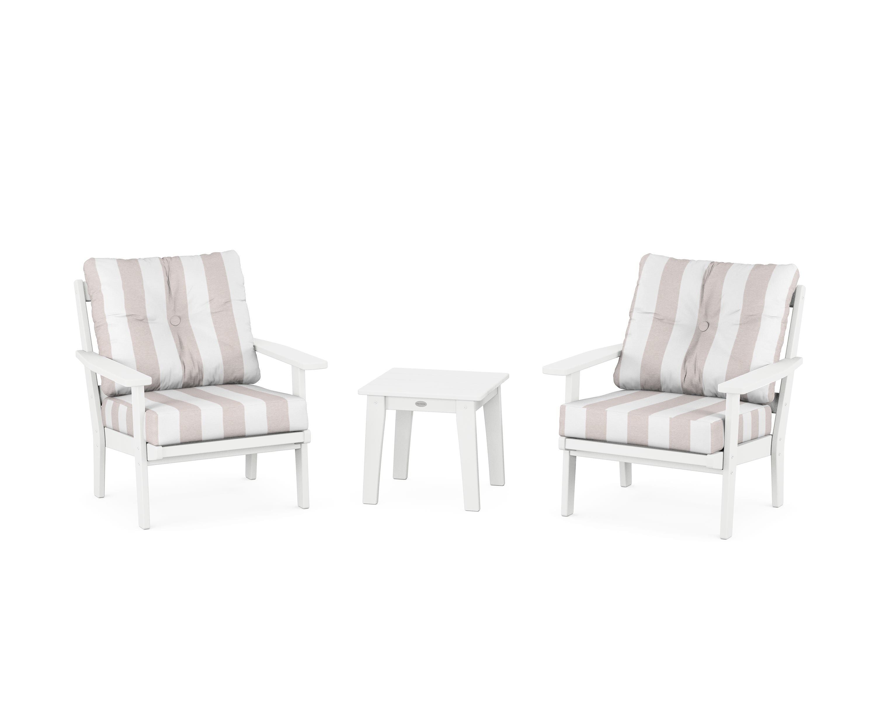 POLYWOOD® Prairie 3-Piece Deep Seating Set in White / Cabana Stripe Dune Burlap