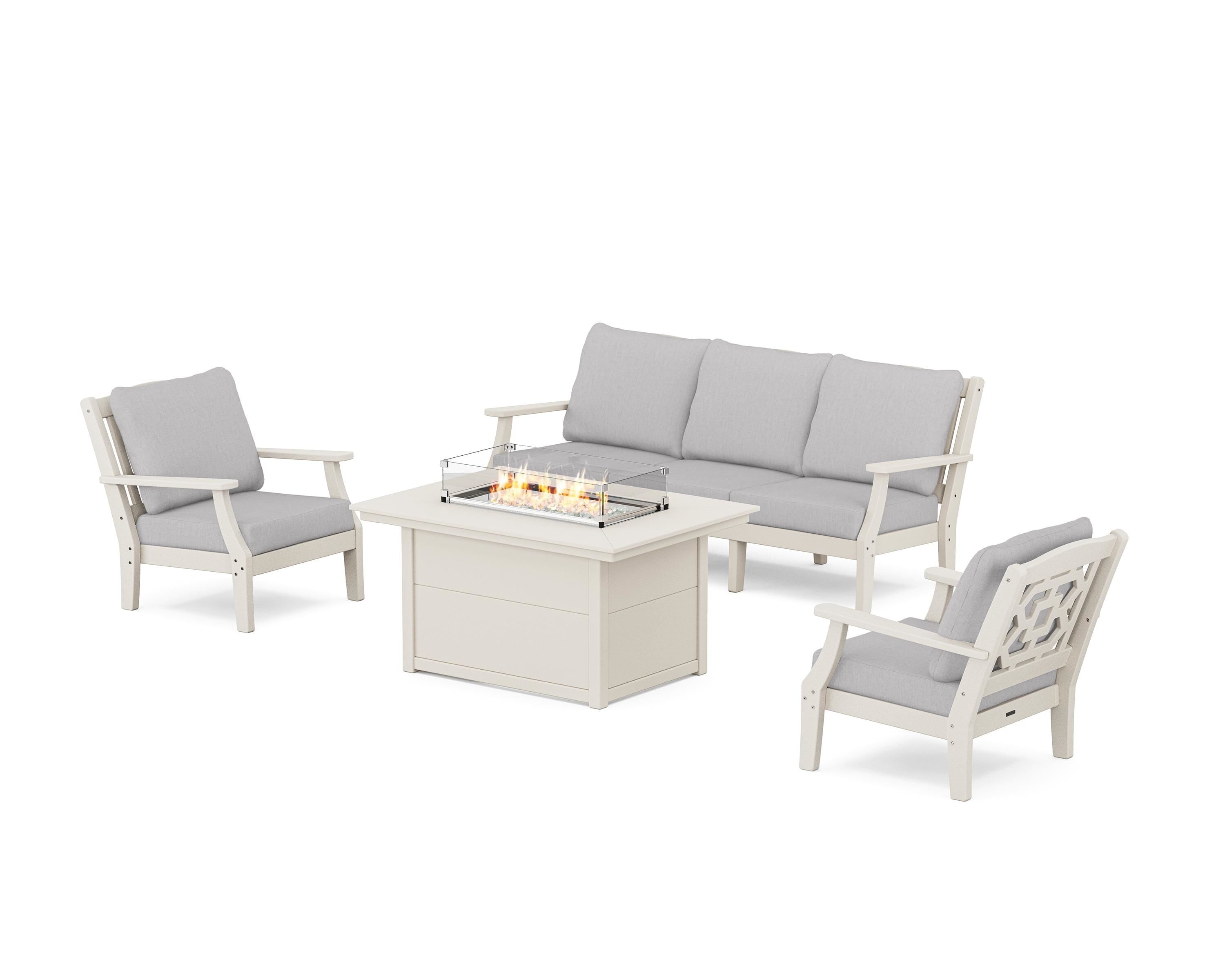 Martha Stewart by POLYWOOD® Chinoiserie Deep Seating Fire Pit Table Set in Sand / Granite