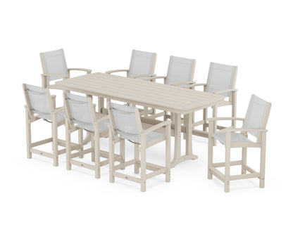 POLYWOOD® Coastal 9-Piece Counter Set with Trestle Legs in Sand / White Sling