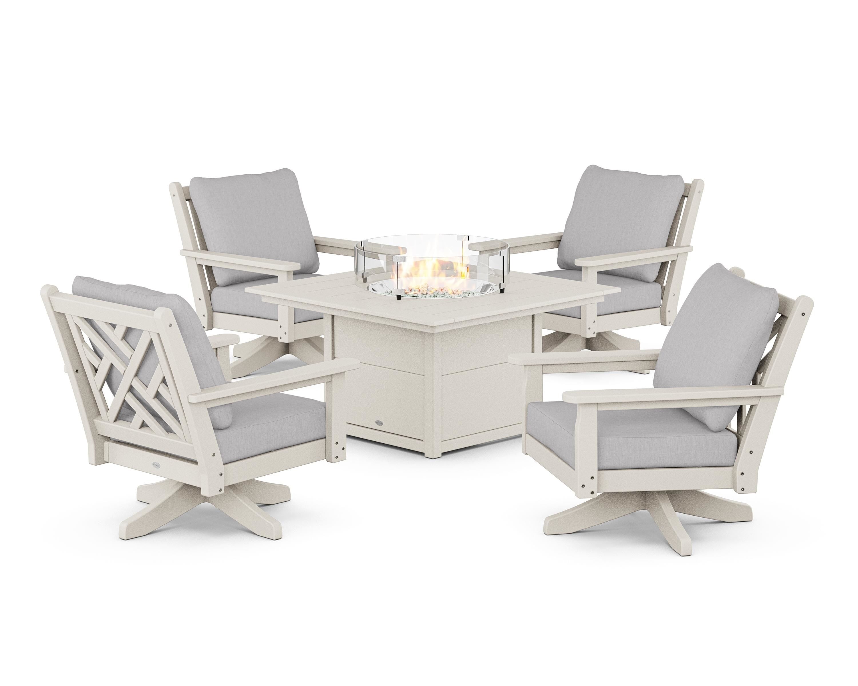 POLYWOOD® Chippendale 5-Piece Deep Seating Swivel Conversation Set with Fire Pit Table in Sand / Granite