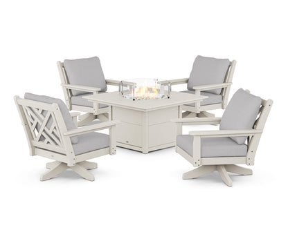 POLYWOOD® Chippendale 5-Piece Deep Seating Swivel Conversation Set with Fire Pit Table in Sand / Granite