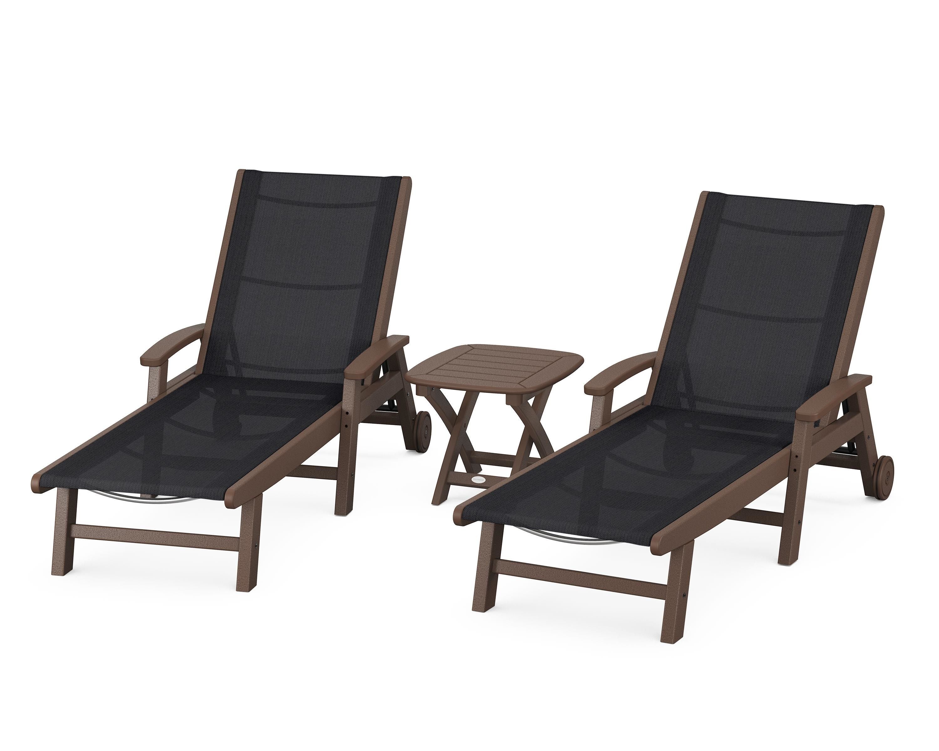 POLYWOOD® Coastal 3-Piece Wheeled Chaise Set in Mahogany / Black Sling