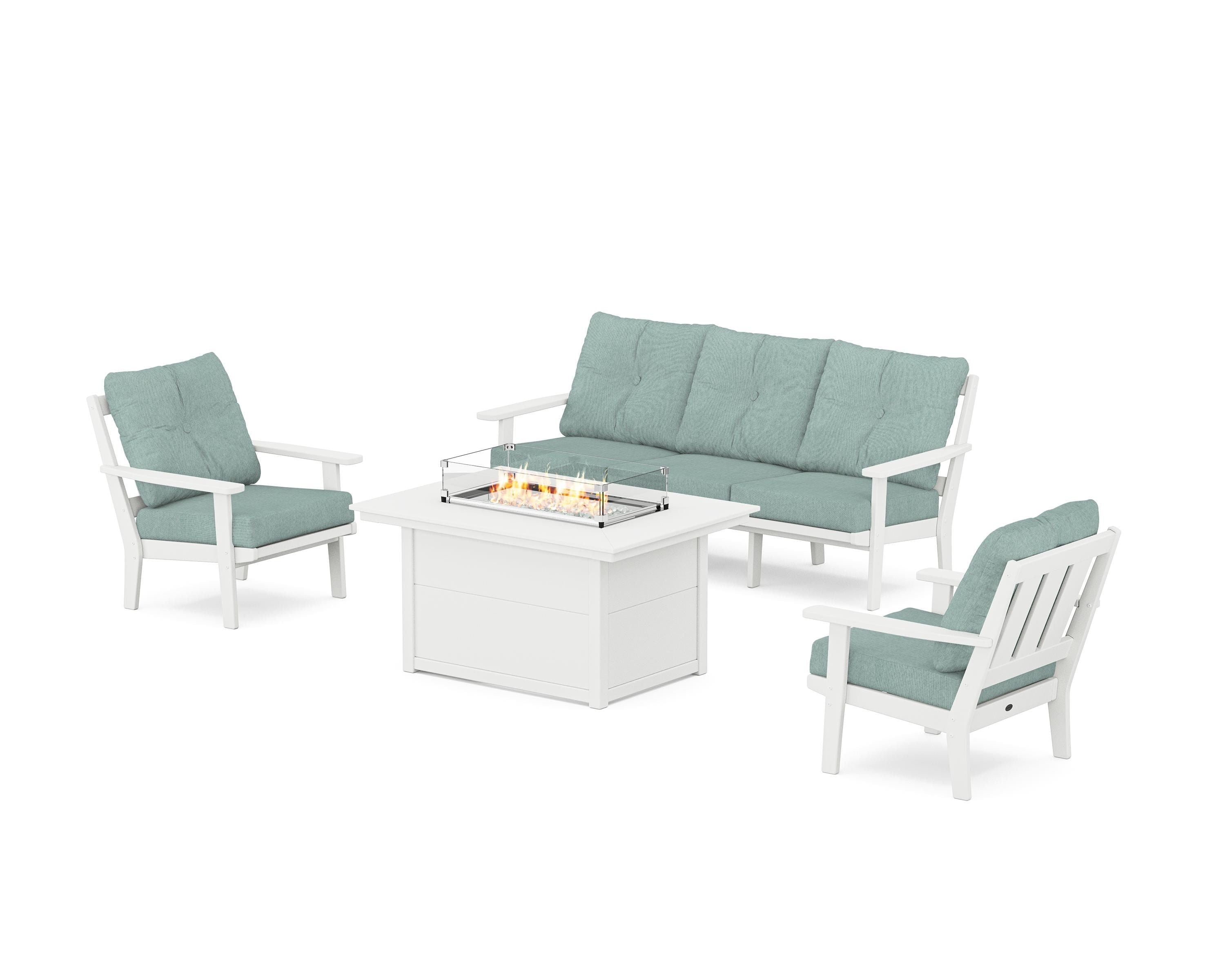 POLYWOOD® Oxford Deep Seating Fire Pit Table Set in White / Glacier Spa
