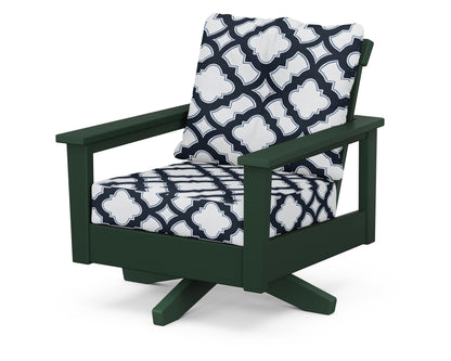 POLYWOOD® Prescott Deep Seating Swivel Chair in Green / Trellis Marine Indigo