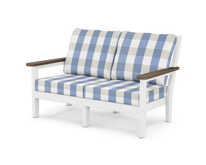 POLYWOOD® Chippendale Deep Seating Loveseat in White / Kona / Buffalo Plaid Sky Blue