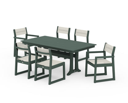 POLYWOOD® EDGE Sling 7-Piece Farmhouse Trestle Dining Set in Green / Parchment Sling