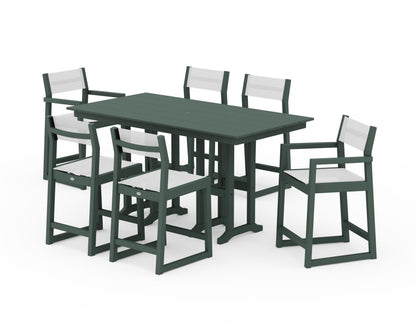 POLYWOOD® EDGE Sling 7-Piece Farmhouse Counter Set with Trestle Legs in Green / White Sling