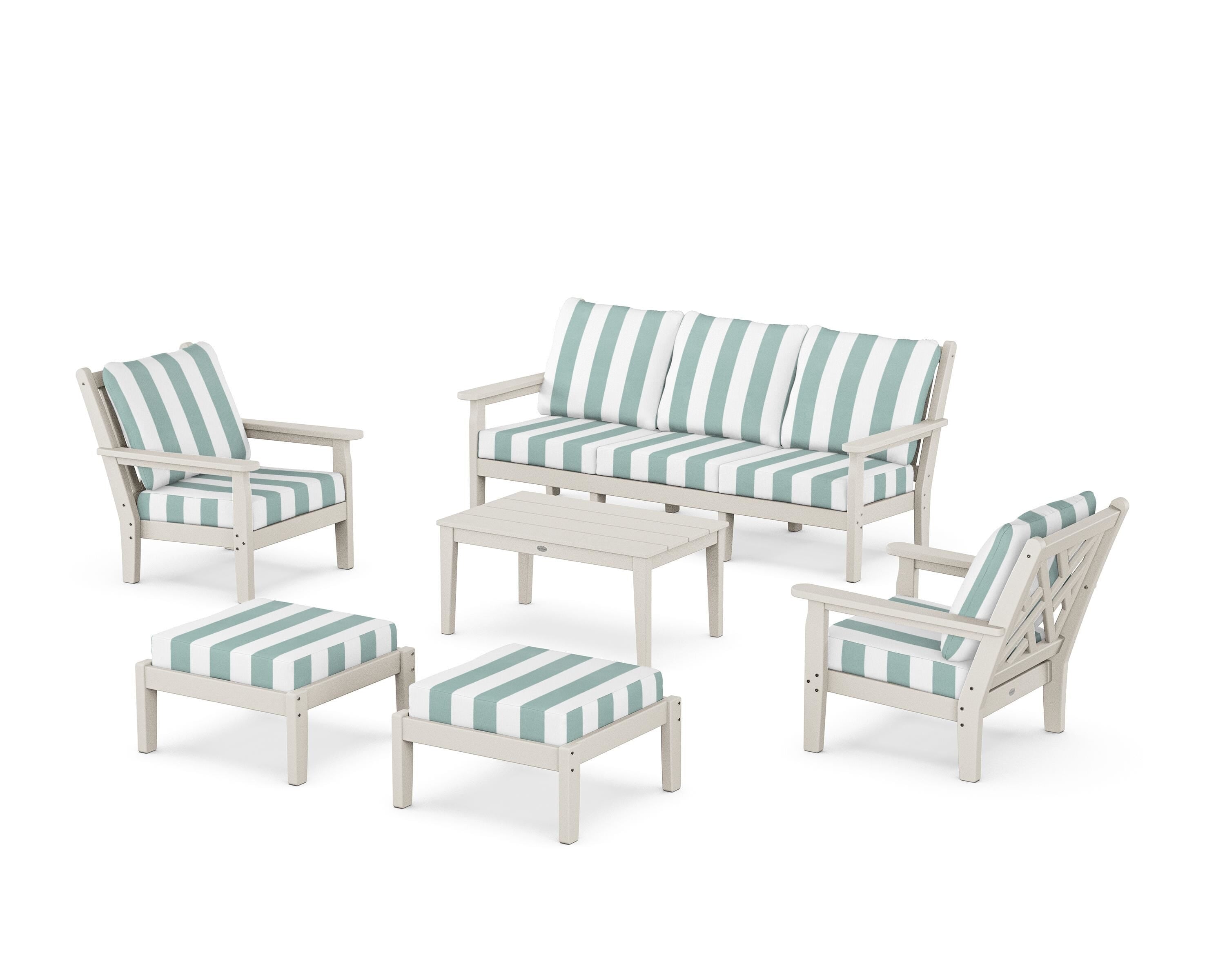 POLYWOOD® Chippendale 6-Piece Lounge Sofa Set in Sand / Cabana Stripe Glacier Spa