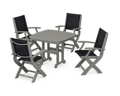 POLYWOOD® Coastal Folding Chair 5-Piece Dining Set in Slate Grey / Black Sling