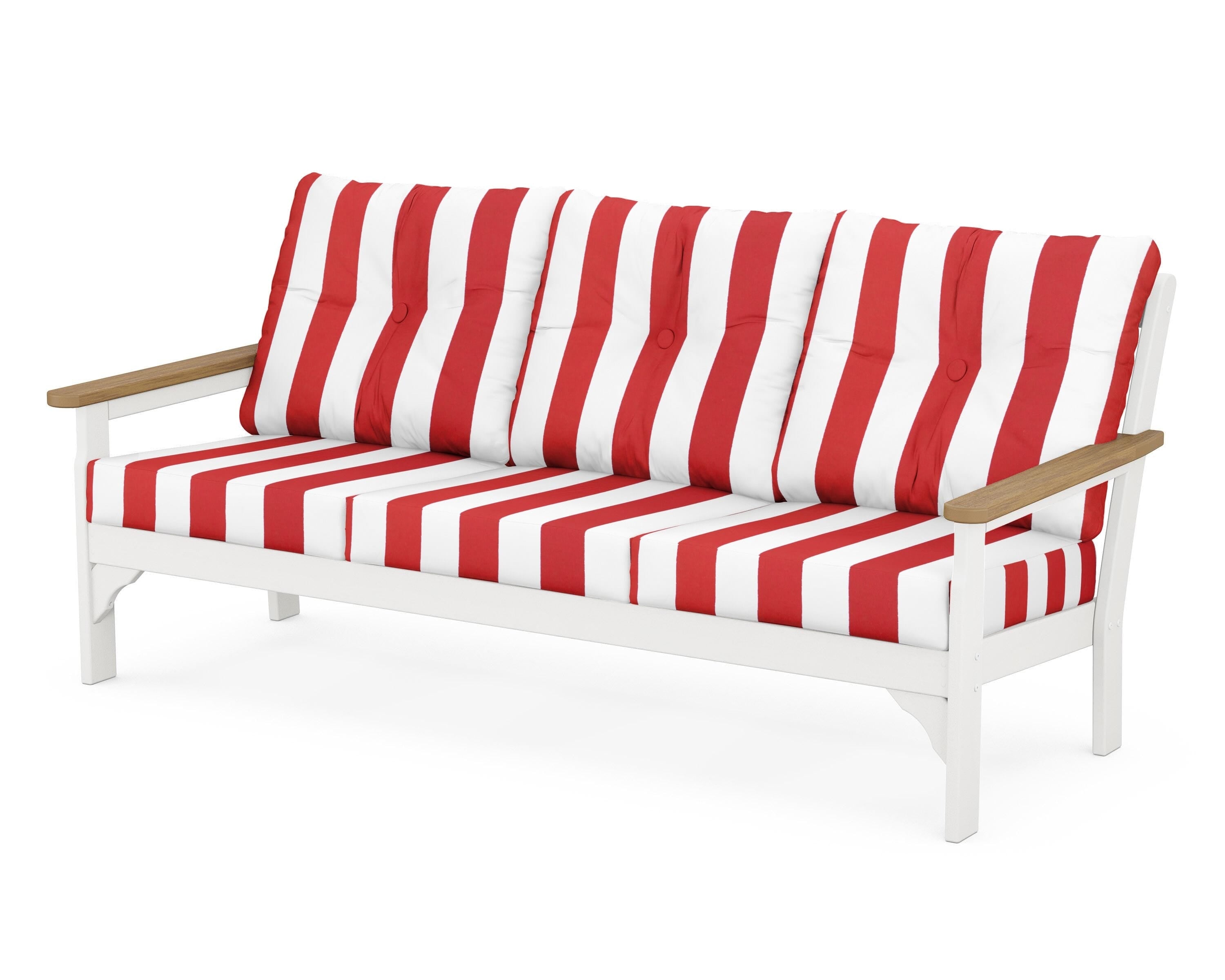 POLYWOOD® Vineyard Deep Seating Sofa in White / Natural / Cabana Stripe Crimson
