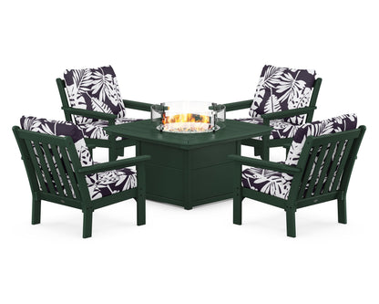 POLYWOOD® Vineyard 5-Piece Conversation Set with Fire Pit Table in Green / Leaf Navy
