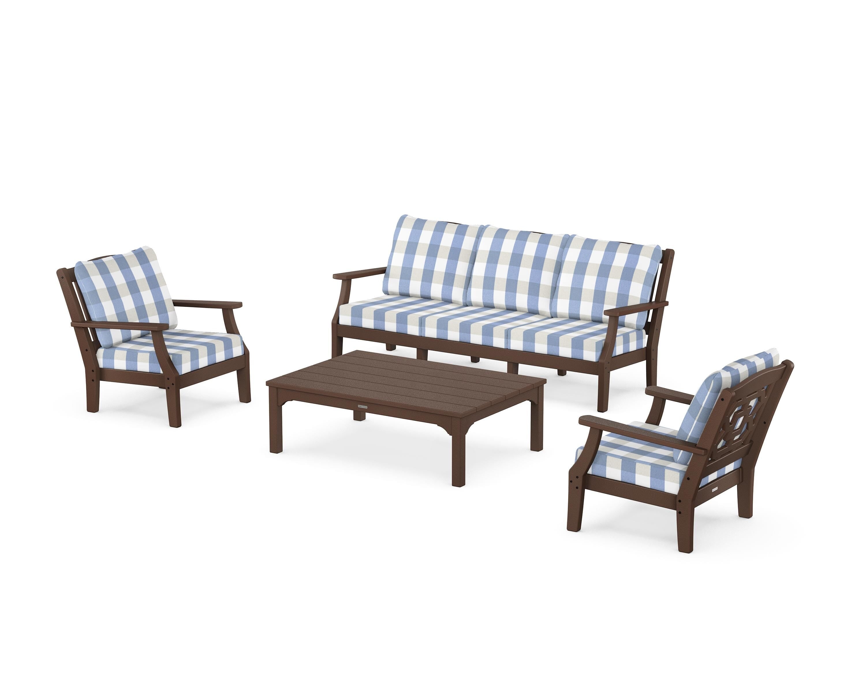 Martha Stewart by POLYWOOD® Chinoiserie 4-Piece Deep Seating Set with Sofa in Mahogany / Buffalo Plaid Sky Blue