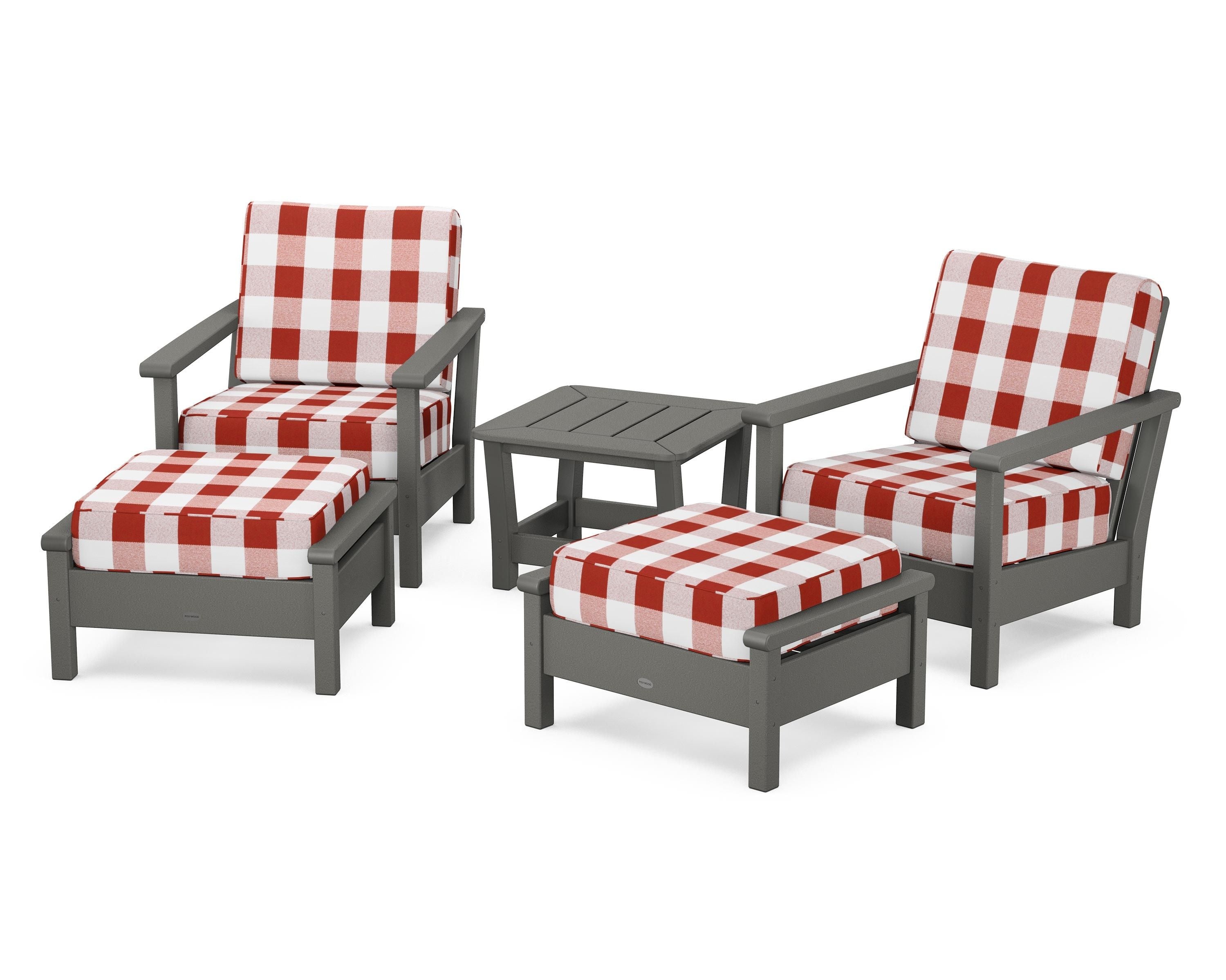 POLYWOOD® Harbour 5-Piece Deep Seating Chair Set in Slate Grey / Buffalo Plaid Crimson