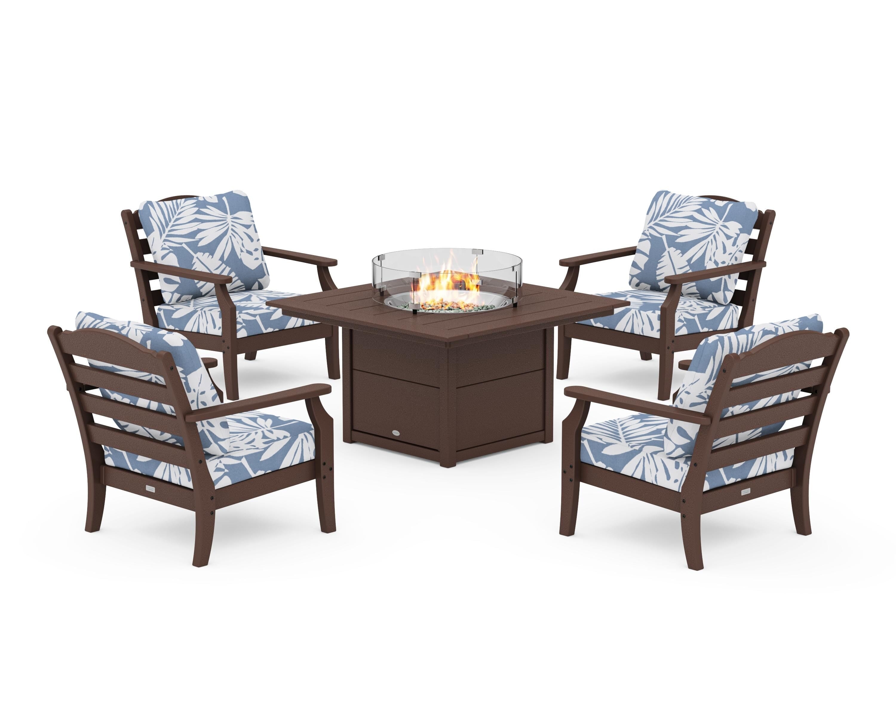 Draper James™ by  POLYWOOD® Savannah 5-Piece Deep Seating Set with Fire Pit Table in Mahogany / Leaf Sky Blue