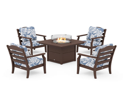 Draper James™ by  POLYWOOD® Savannah 5-Piece Deep Seating Set with Fire Pit Table in Mahogany / Leaf Sky Blue