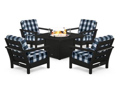 POLYWOOD® Harbour 5-Piece Conversation Set with Fire Pit Table in Black / Buffalo Plaid Marine Indigo