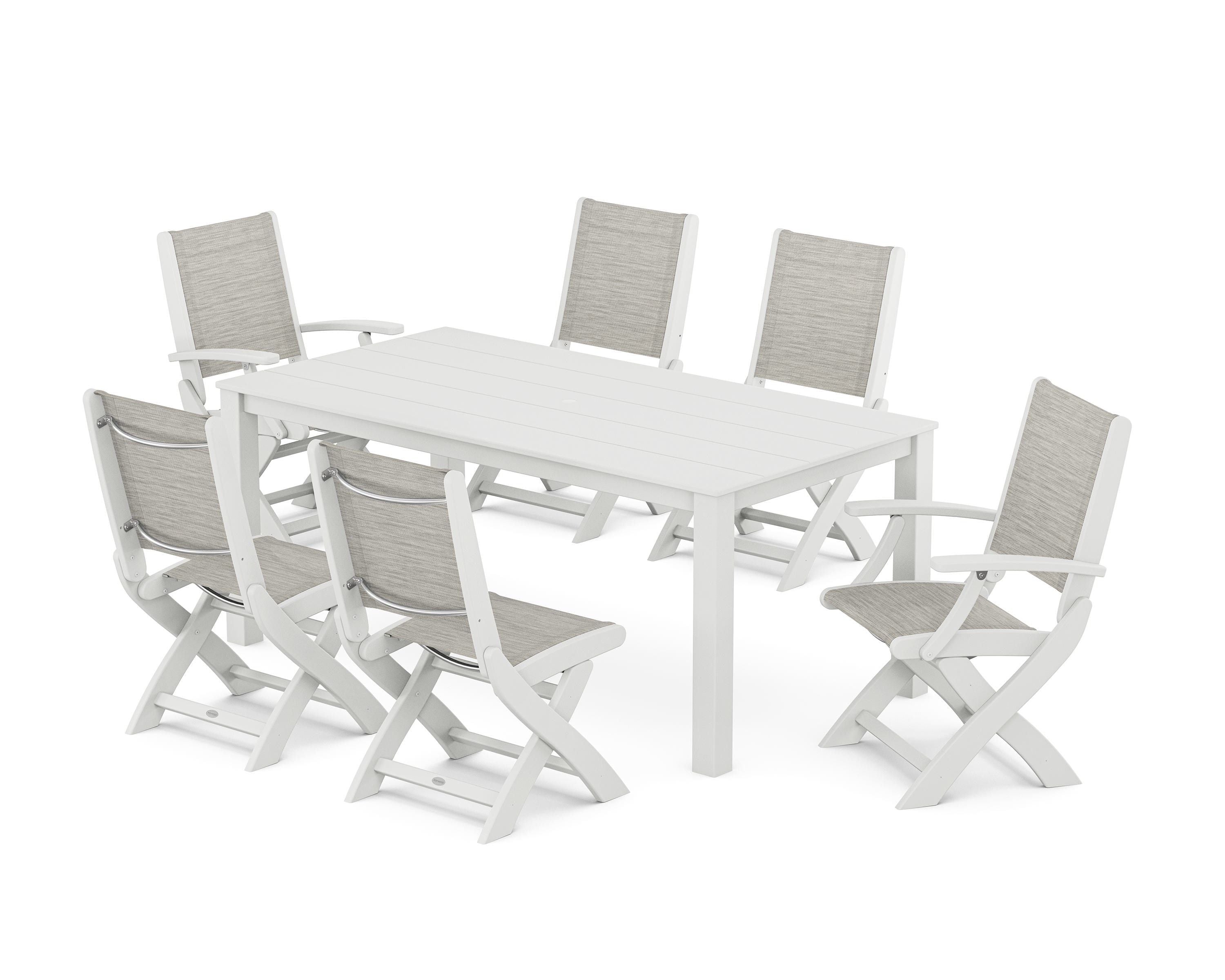POLYWOOD® Coastal Folding Chair 7-Piece Parsons Dining Set in White / Birch Sling