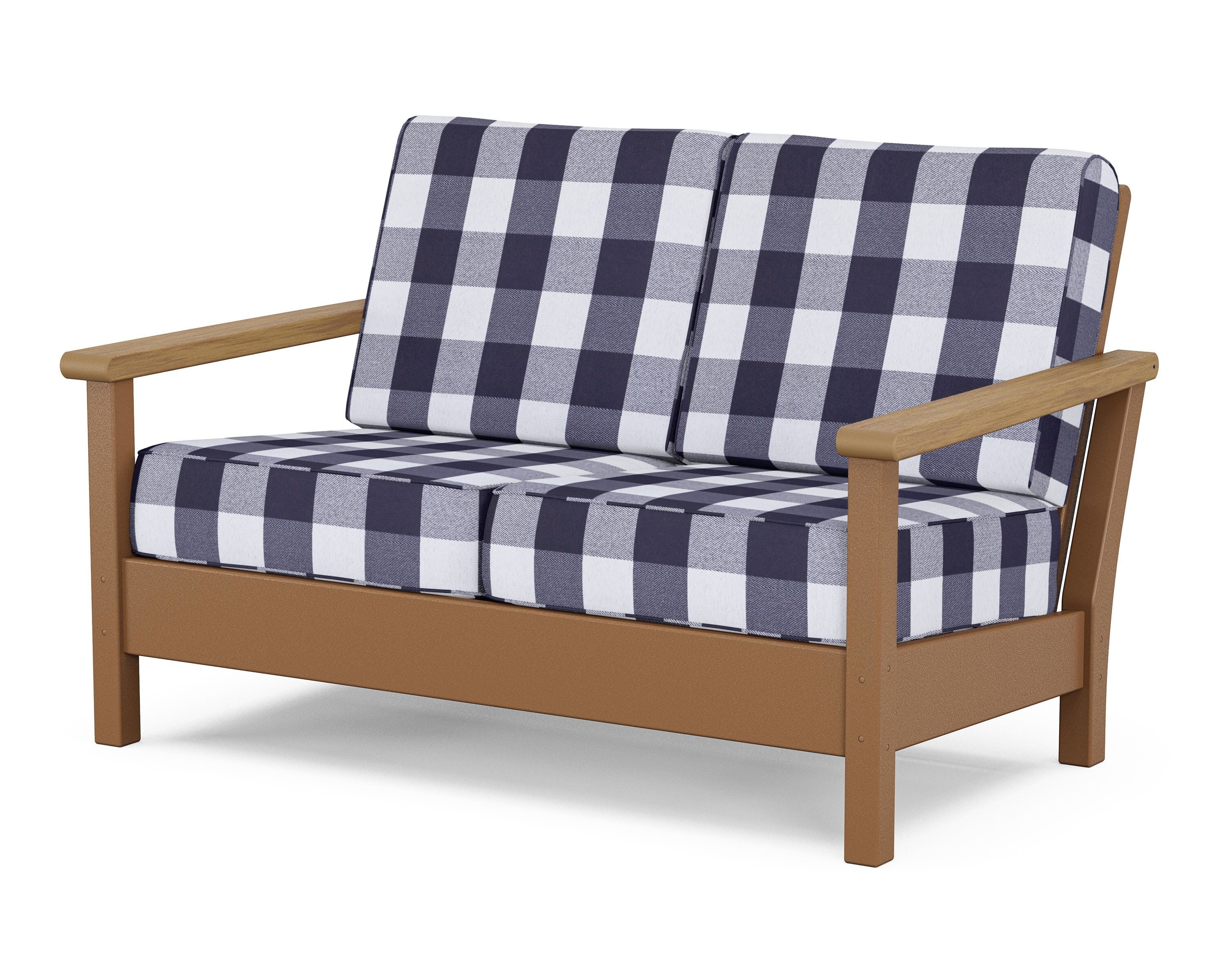 POLYWOOD® Harbour Deep Seating Loveseat in Teak / Natural / Buffalo Plaid Navy