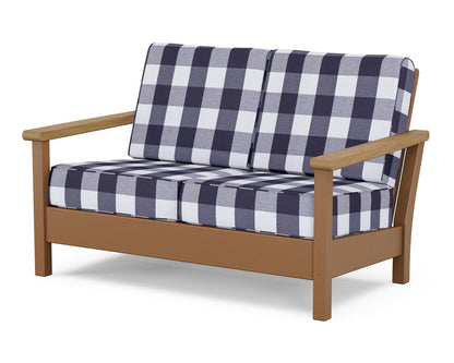 POLYWOOD® Harbour Deep Seating Loveseat in Teak / Natural / Buffalo Plaid Navy
