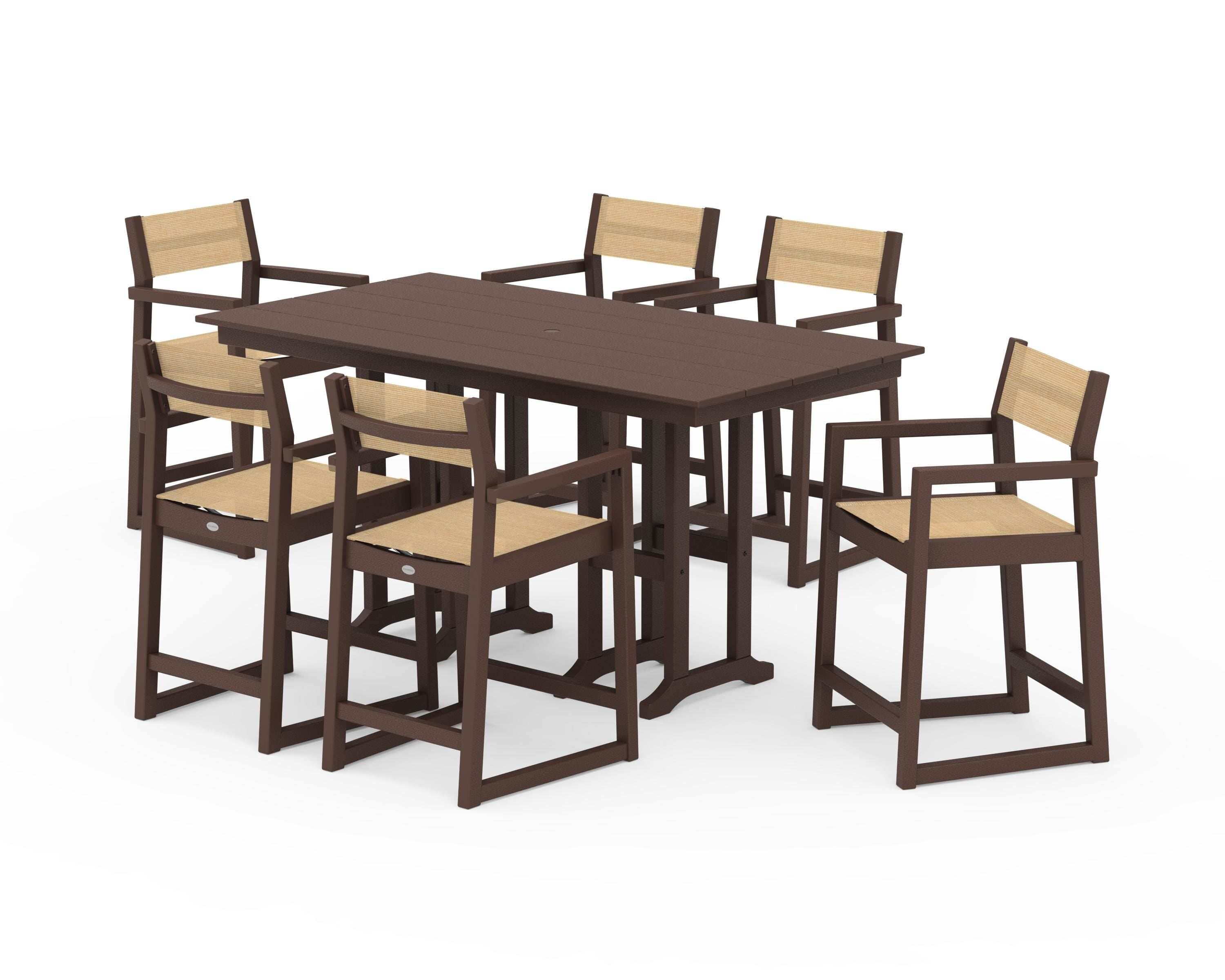 POLYWOOD® EDGE Sling Arm Chair 7-Piece Farmhouse Counter Set in Mahogany / Dupioni Apricot Sling