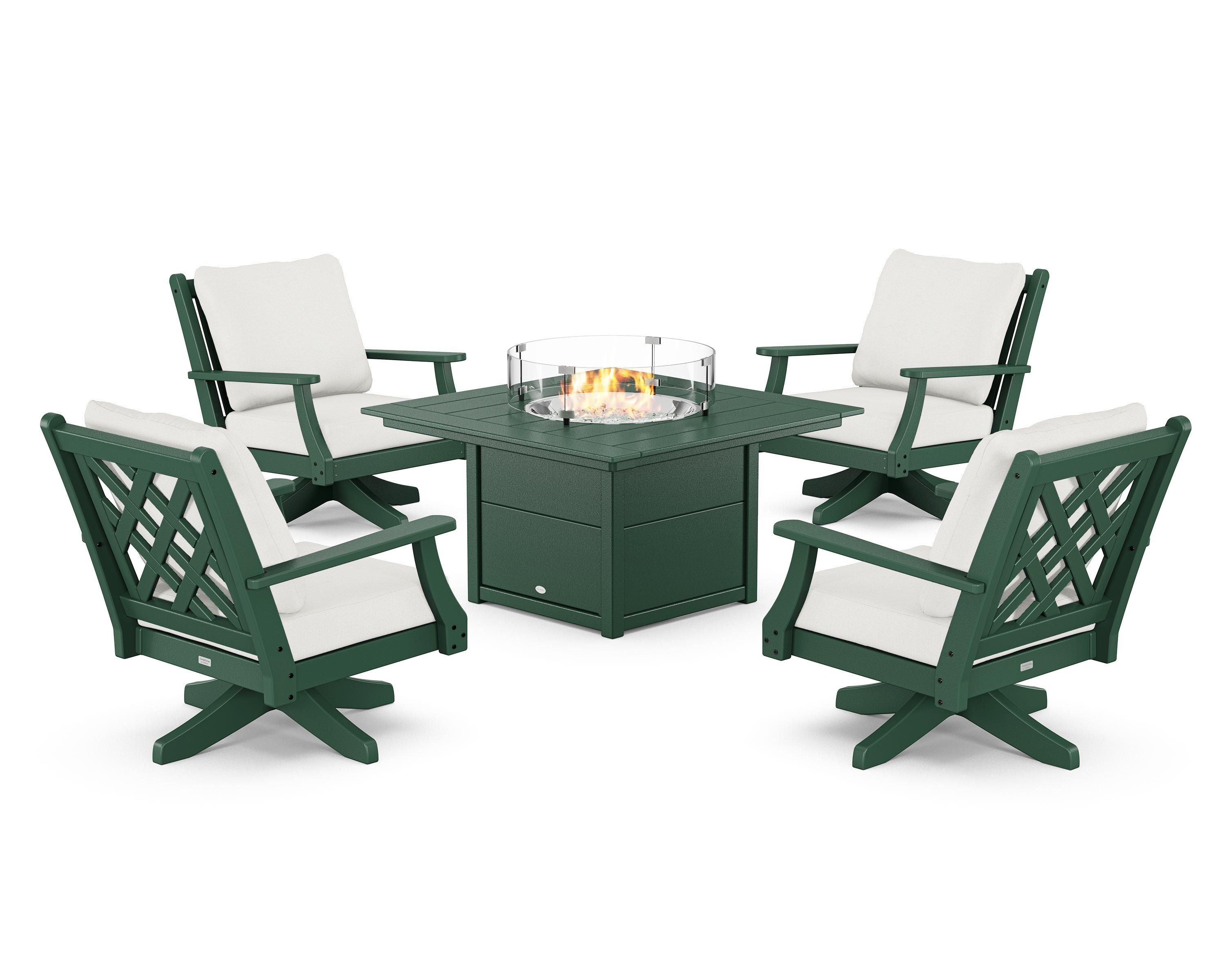 Country Living Wovendale 5-Piece Deep Seating Swivel Conversation Set with Fire Pit Table in Green / Natural Linen