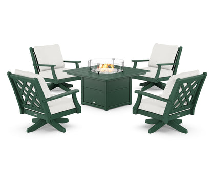 Country Living Wovendale 5-Piece Deep Seating Swivel Conversation Set with Fire Pit Table in Green / Natural Linen