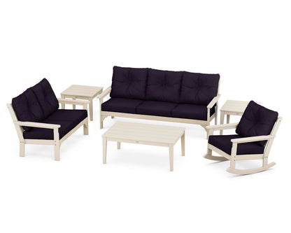 POLYWOOD® Vineyard 6-Piece Deep Seating Set in Sand / Navy Linen