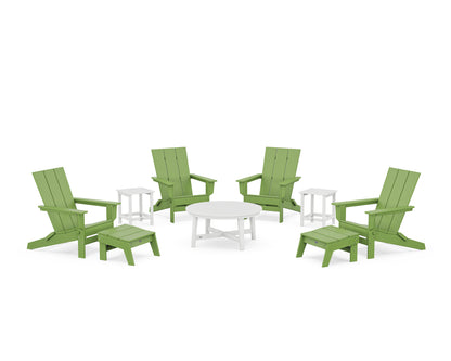 POLYWOOD® Modern Studio Folding Adirondack 9-Piece Conversation Set in Lime / White